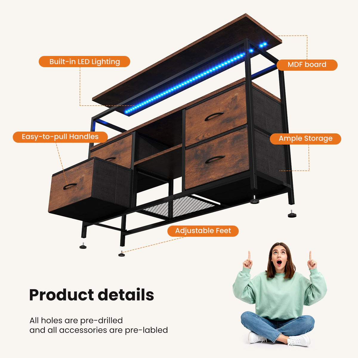 Sweetcrispy TV Stand with LED Lights and Power Outlets for Bedroom