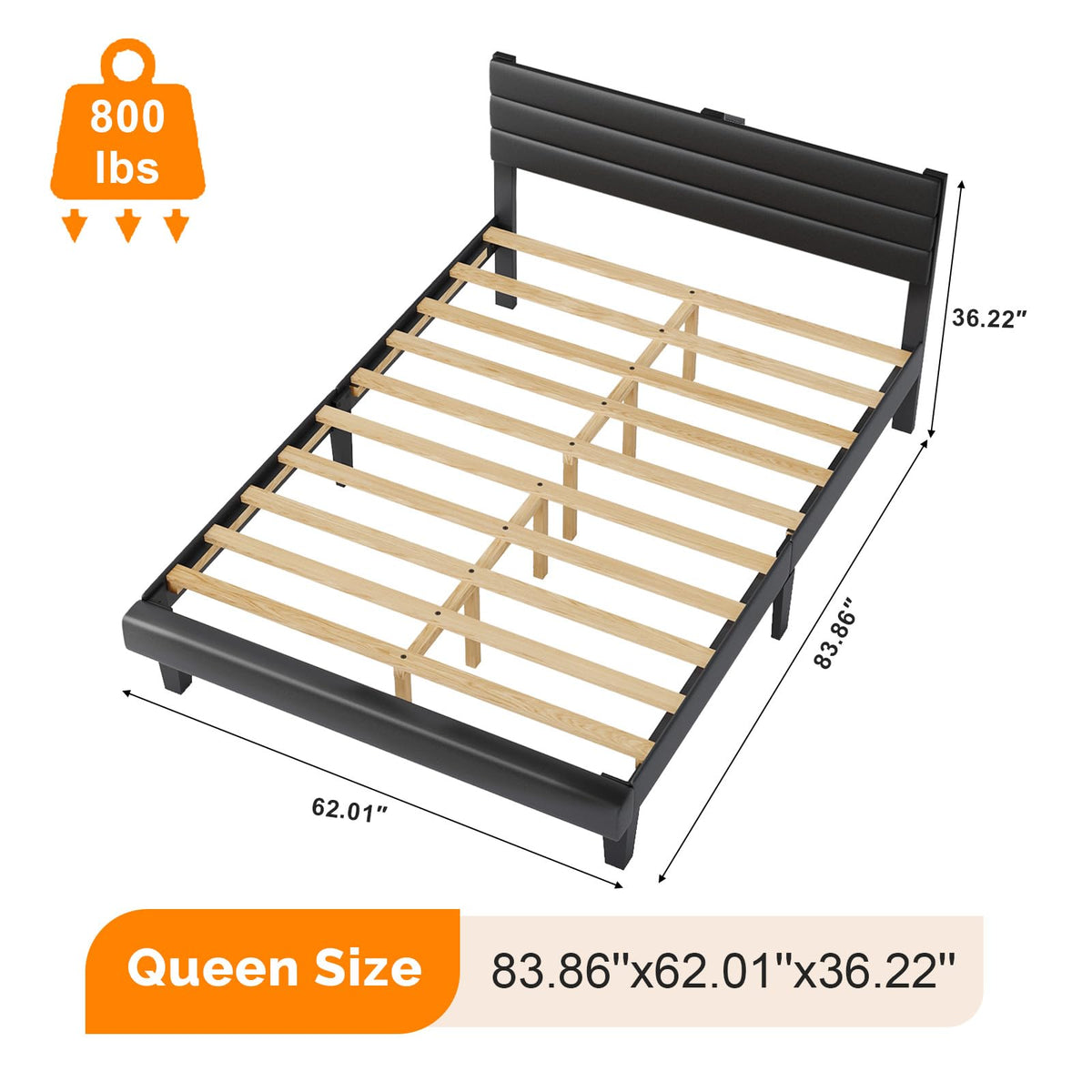 VINGLI Upholstered Bed Frame Queen, Faux Leather Platform Bed with Adjustable Headboard, Wood Mattress Foundation with Heavy Duty Slats Support,Luxury Modern,No Box Spring Needed, Black