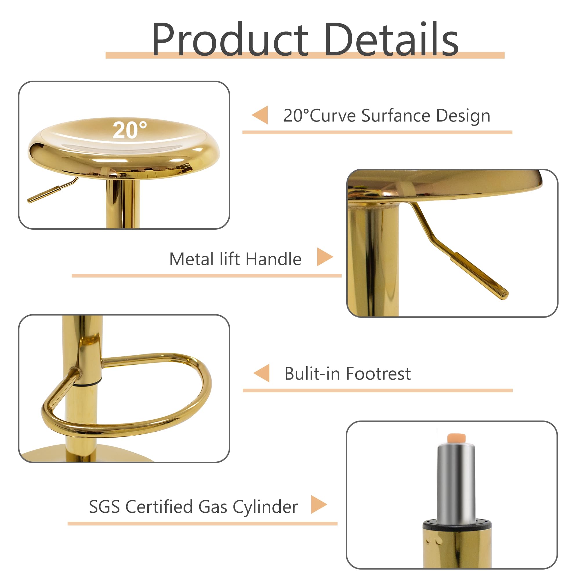 CAROLMADE Bar Stools Set of 2, Adjustable Metal Bar stools Swivel Counter Height Stool, Backless Barstools for Kitchen Island Pub, Gold