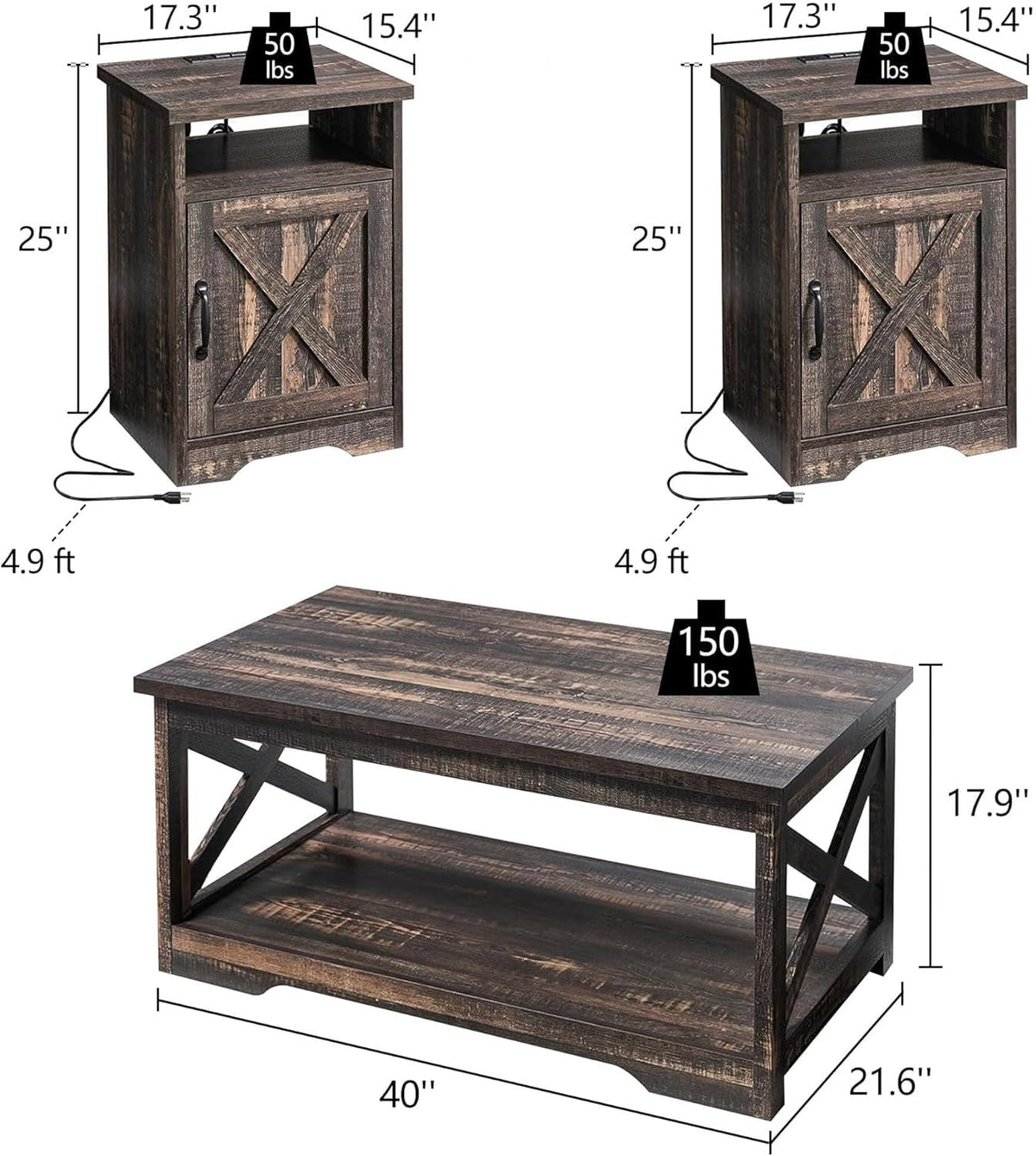LUXOAK 3 Piece Living Room Table Set with Barn Door, Black Oak