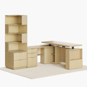 L-Shaped Electric Standing Desk with Corner Bookshelf & File Cabinet