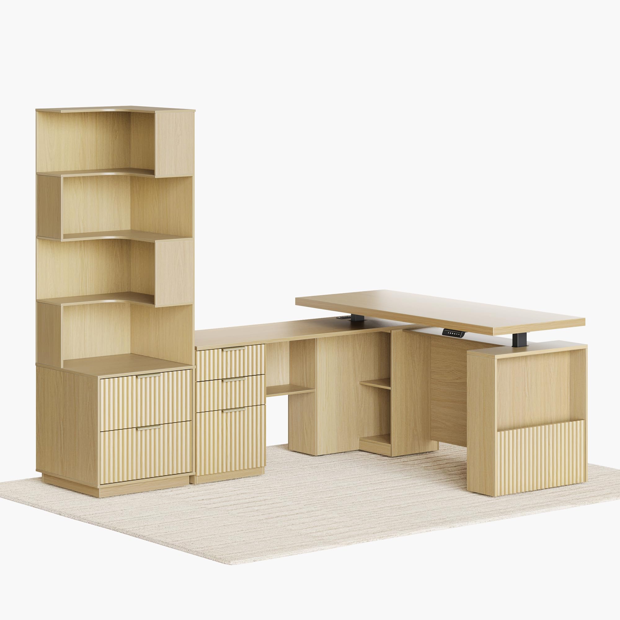 L-Shaped Electric Standing Desk with Corner Bookshelf & File Cabinet