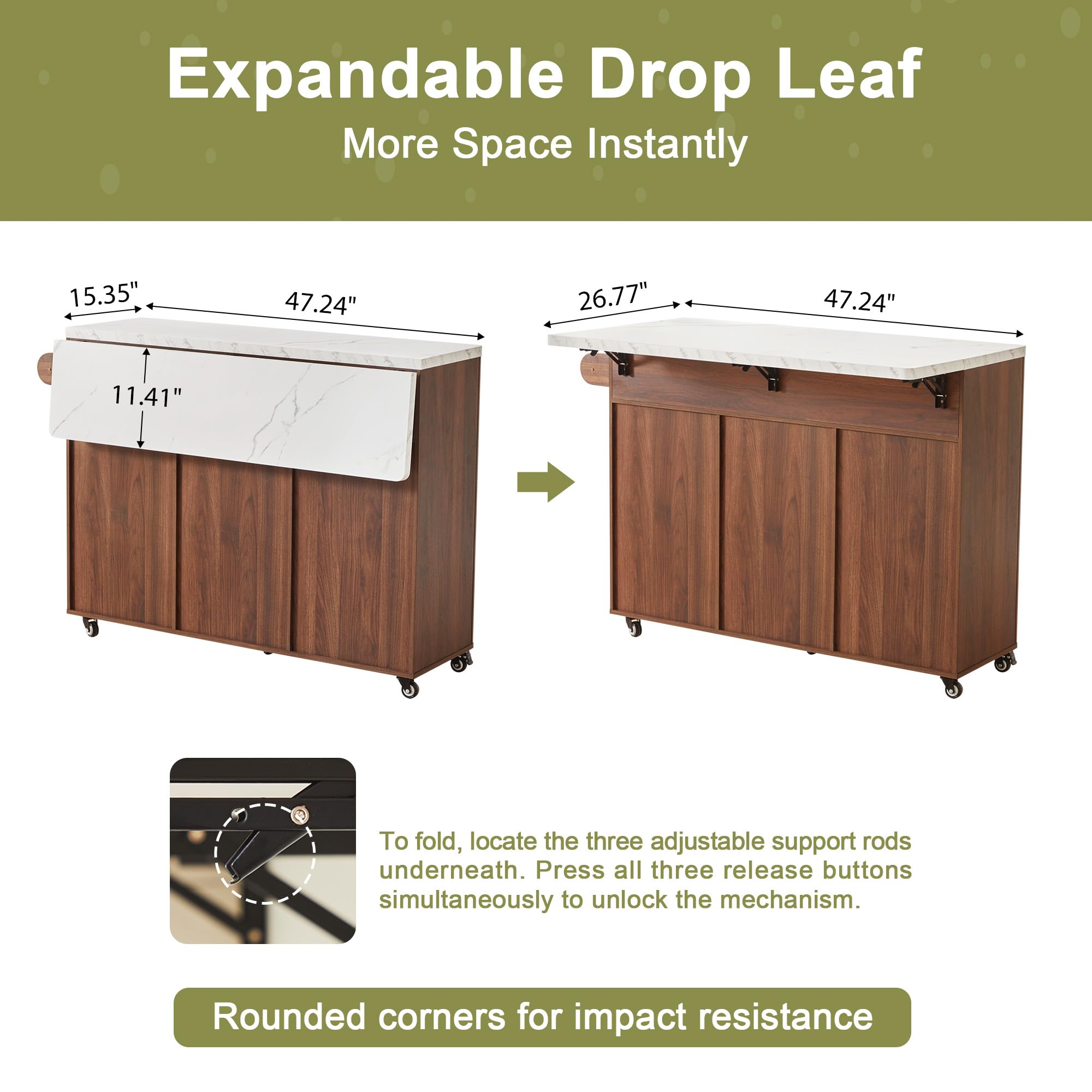 weselon 47" Mobile Kitchen Island with Storage & Drop Leaf, Rolling Kitchen Cart on Wheels with 2 Drawers, Adjustable Shelves, Towel Rack & Hooks, Faux Marble Top Island Table for Kitchen (Walnut)