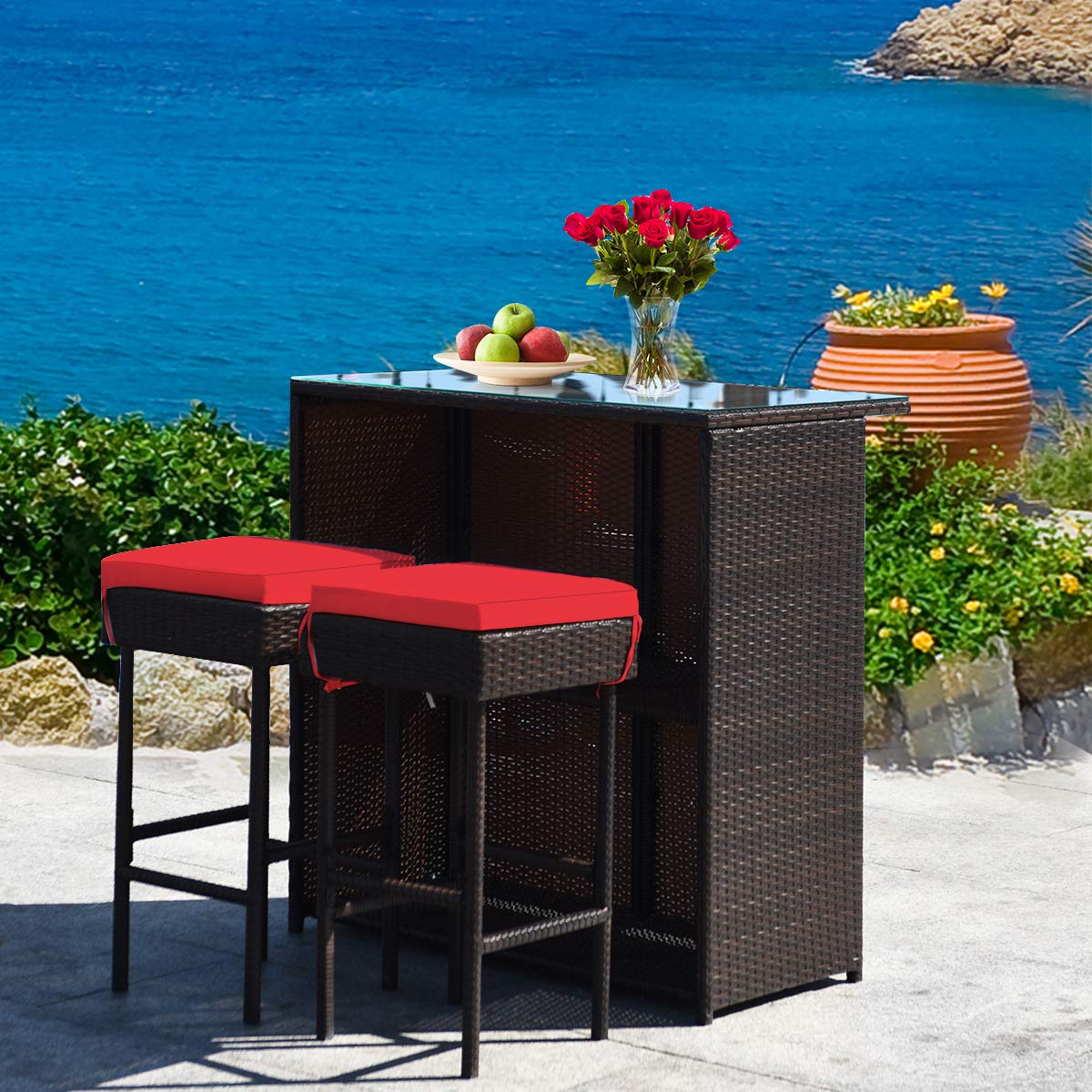 DORTALA 3 Pieces Rattan Patio Bar Table & Stool Set, Patio Furniture Set with Cushion for Lawn Pool Backyard Front Porch, Red