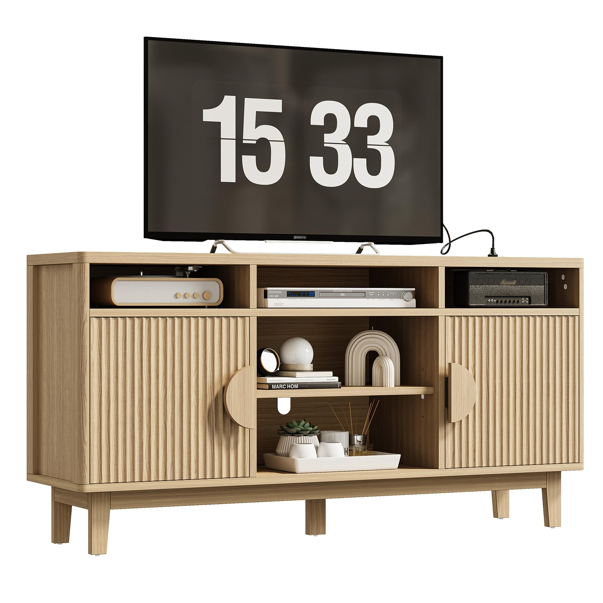 TV Stand for 65" TV with Charging Station & Fluted Doors, 59"