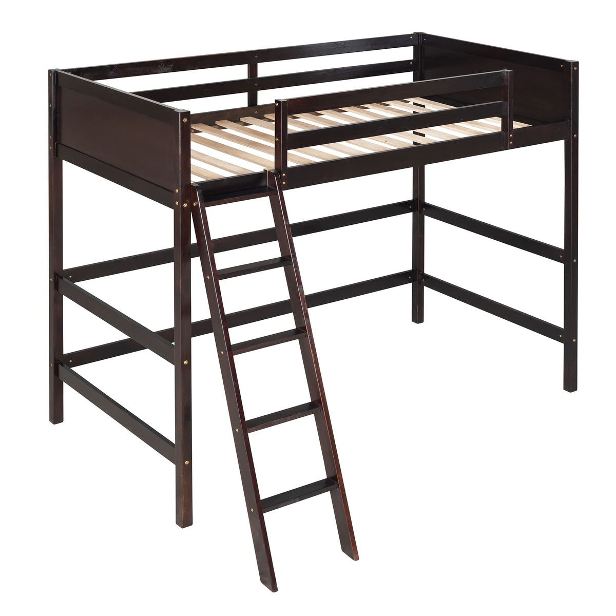 SOFTSEA Twin Size Loft Bed for Teens Adults, Solid Wood High Loft Bed Frame with Safety Rails & Ladder, Espresso