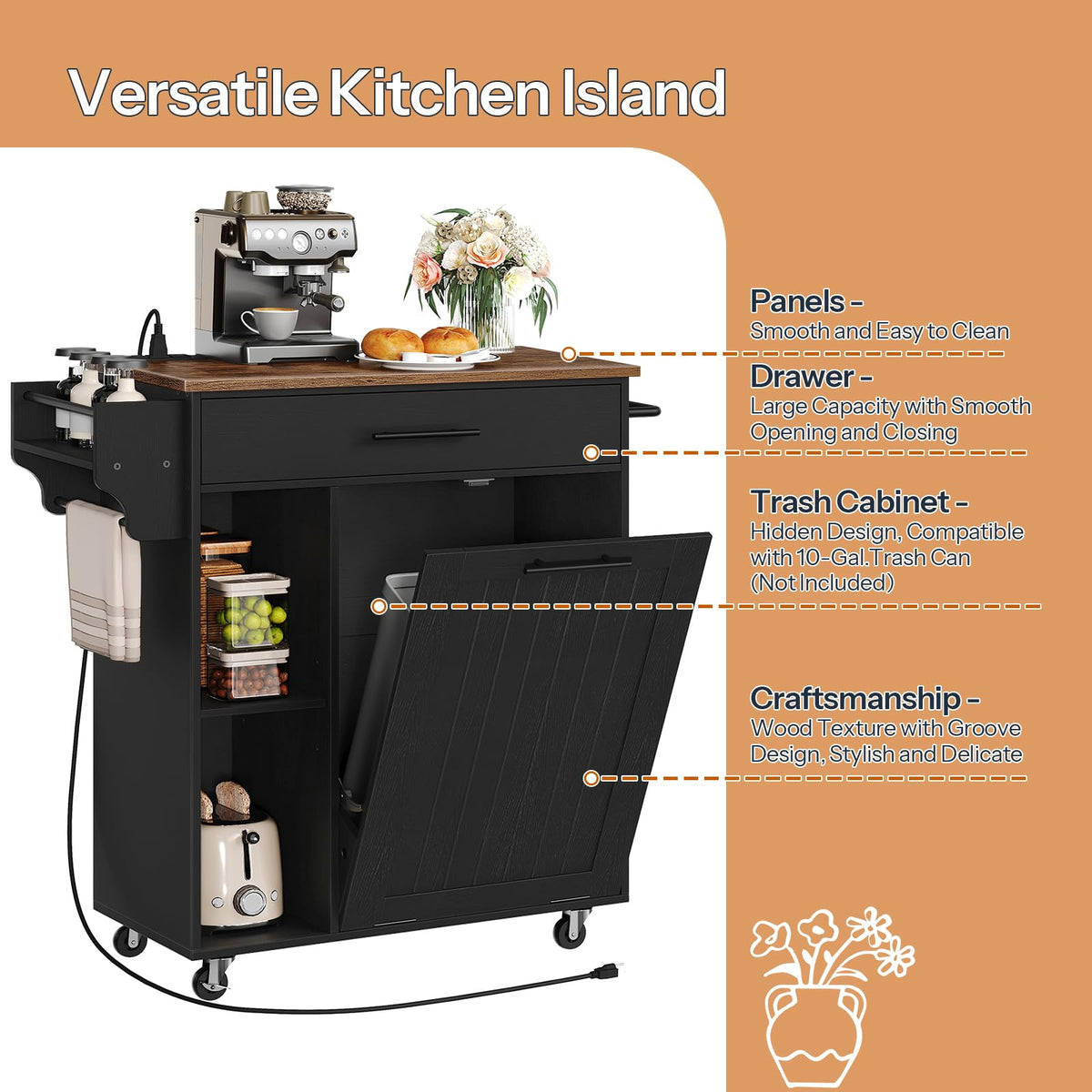 HOOBRO Kitchen Island with Trash Can Storage, Rolling Kitchen Island on Wheels, Mobile Island Cart with Power Outlet, Islands Table for 10 Gallon Garbage Bin, Rustic Brown and Black BF80UZD01G1