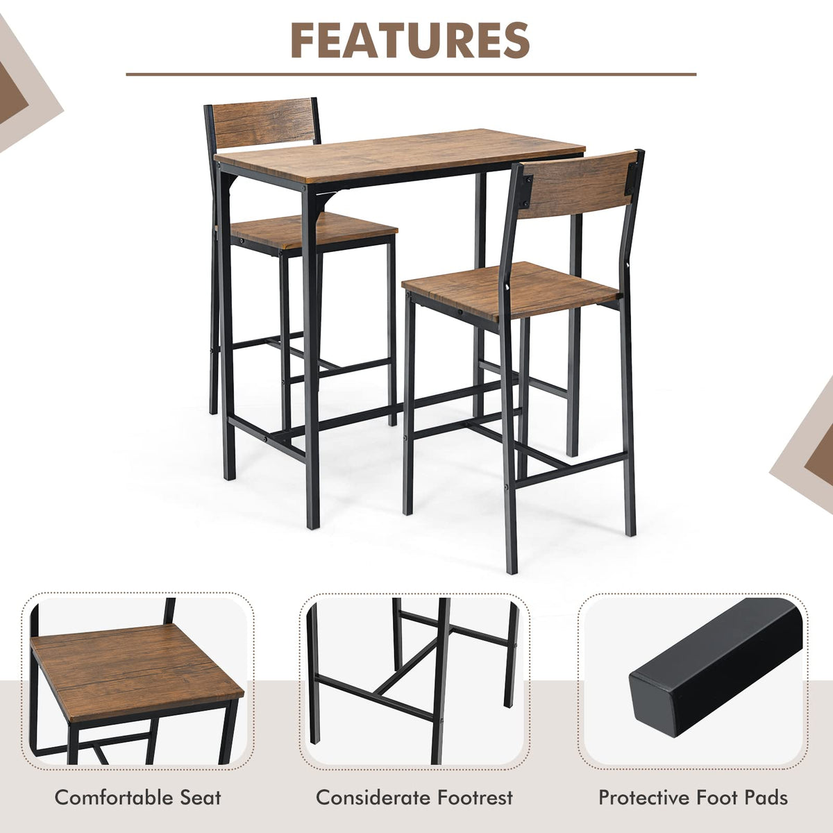 Rustic Brown 3-Piece Bar Table Set