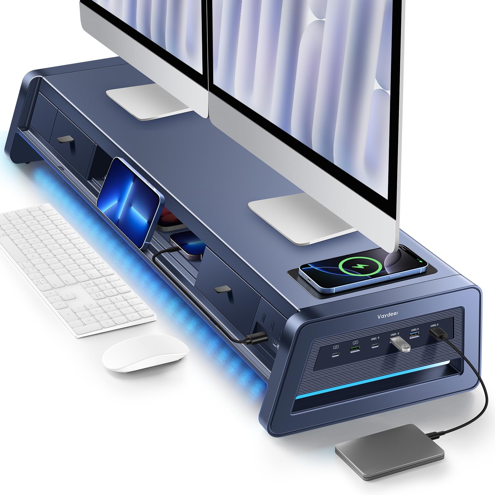 Dual Monitor Stand Riser with Drawers, USB Ports & Wireless Charging