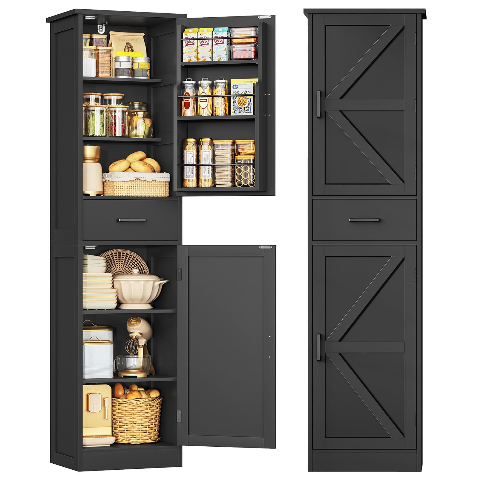 TEENFON Tall Storage Cabinet with 3 Door Shelves & 1 Drawer, Narrow Kitchen Pantry Cabinet for Living Room, Bathroom, Entryway, Black