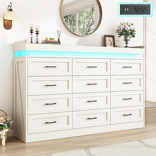 Farmhouse 12-Drawer Dresser with LED Light & Power Outlets