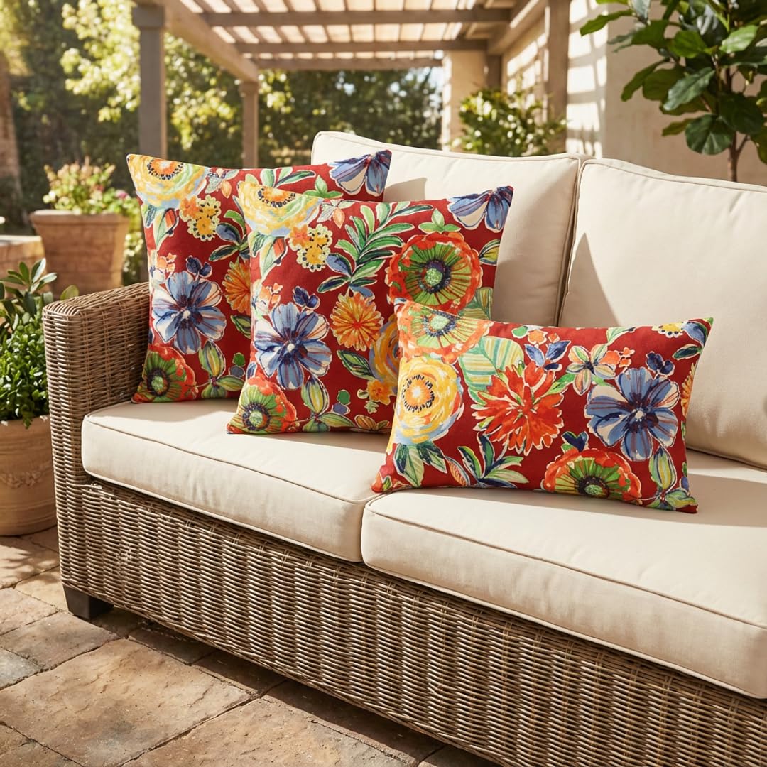 RSH DECOR: Lumbar & Square Throw Pillows Set of 4 | 20" x 12" & 17" x 17" | All-Weather Spun Fabric | Water and Fade-Resistant | Outdoor Accent Pillows for Patio Furniture | Colsen Berry