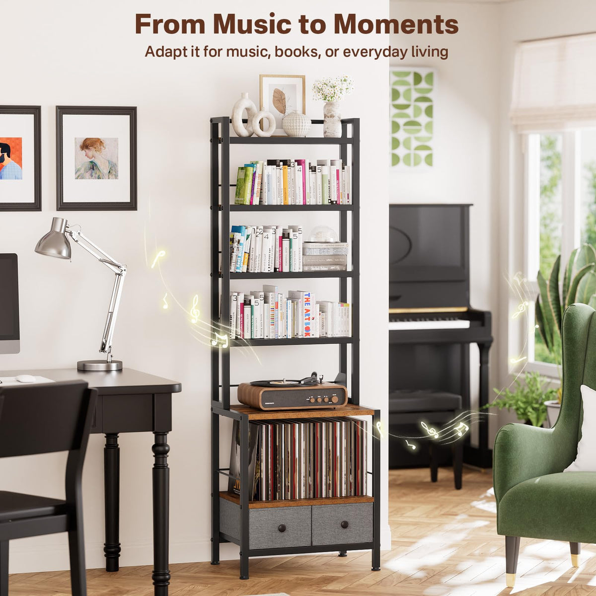 Epouseter 6-Tier DVD Shelf, Vinyl Record Storage Rack with Drawers
