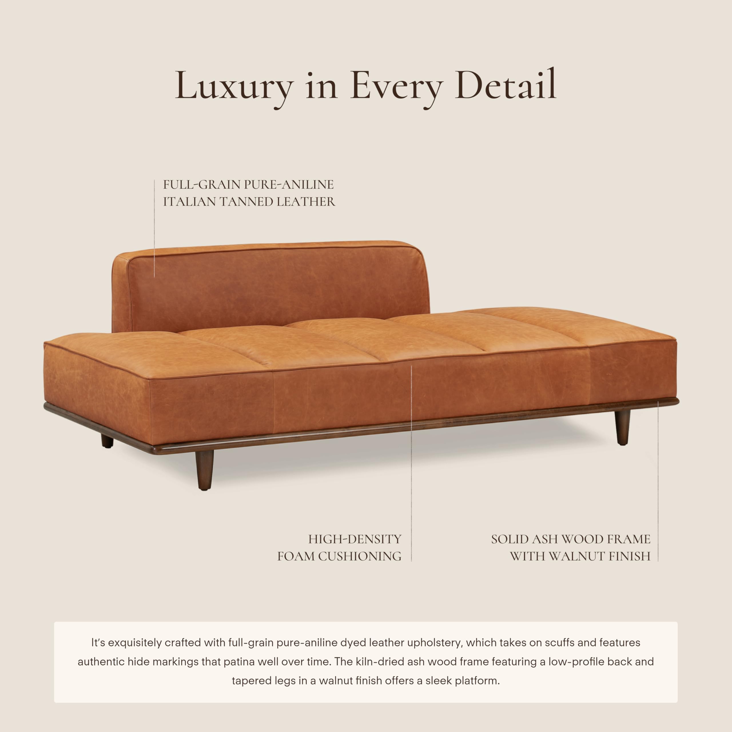 Poly & Bark Jasper Daybed - Cognac Tan - Full-Grain Pure-Aniline Leather Upholstery – Walnut-Stained Ash Wood Frame, 6.6 Feet – Modern Daybed for Living Room or Guest Space – Minimal Assembly