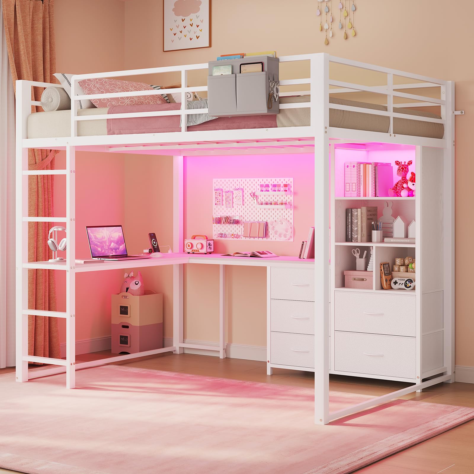 ADORNEVE Full Size Loft Bed with L Desk, 5-Tier Bookshelf, 5 Storage Drawers, LED Metal Loft Bed with Power Outlet, Loft Beds with Safety Guardrail & Ladders, No Box Spring Needed, White