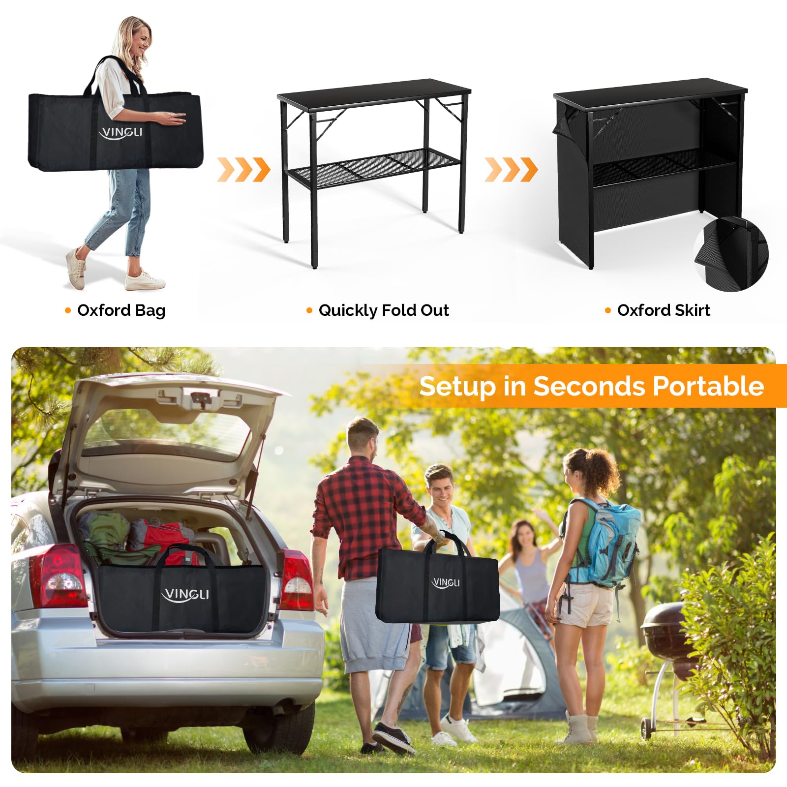 VINGLI 45" Commercial Grade Portable Bar Table for Events, Mobile Bartending Station, Outdoor Indoor Pop Up Bar Table with Skirt PP (45"-1P, Black, Standard)