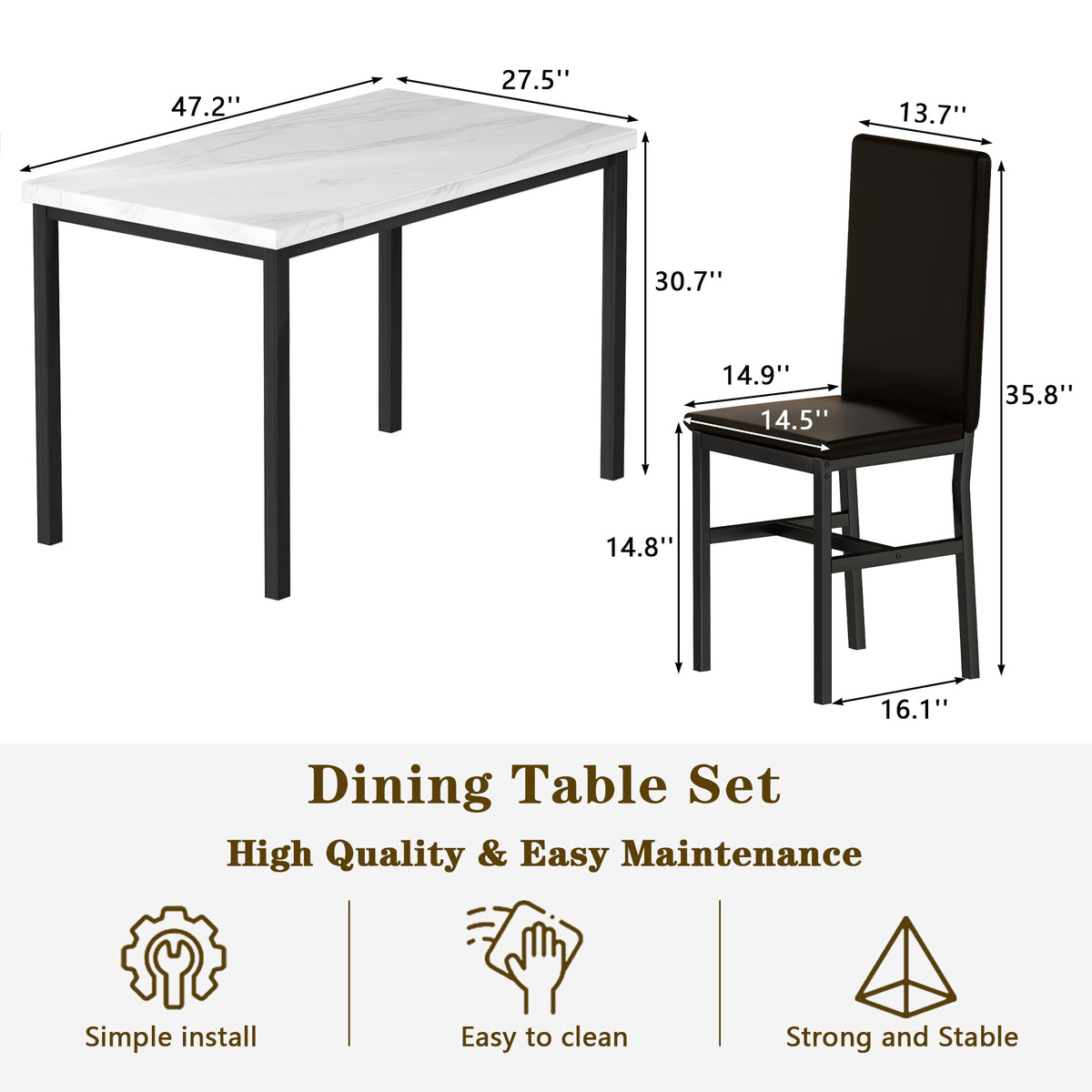Hooseng 5-Piece Dining Table Set for 4 with Faux Marble Top & Velvet Chairs, Space Saving Modern Kitchen Table Set for Small Spaces, Apartments