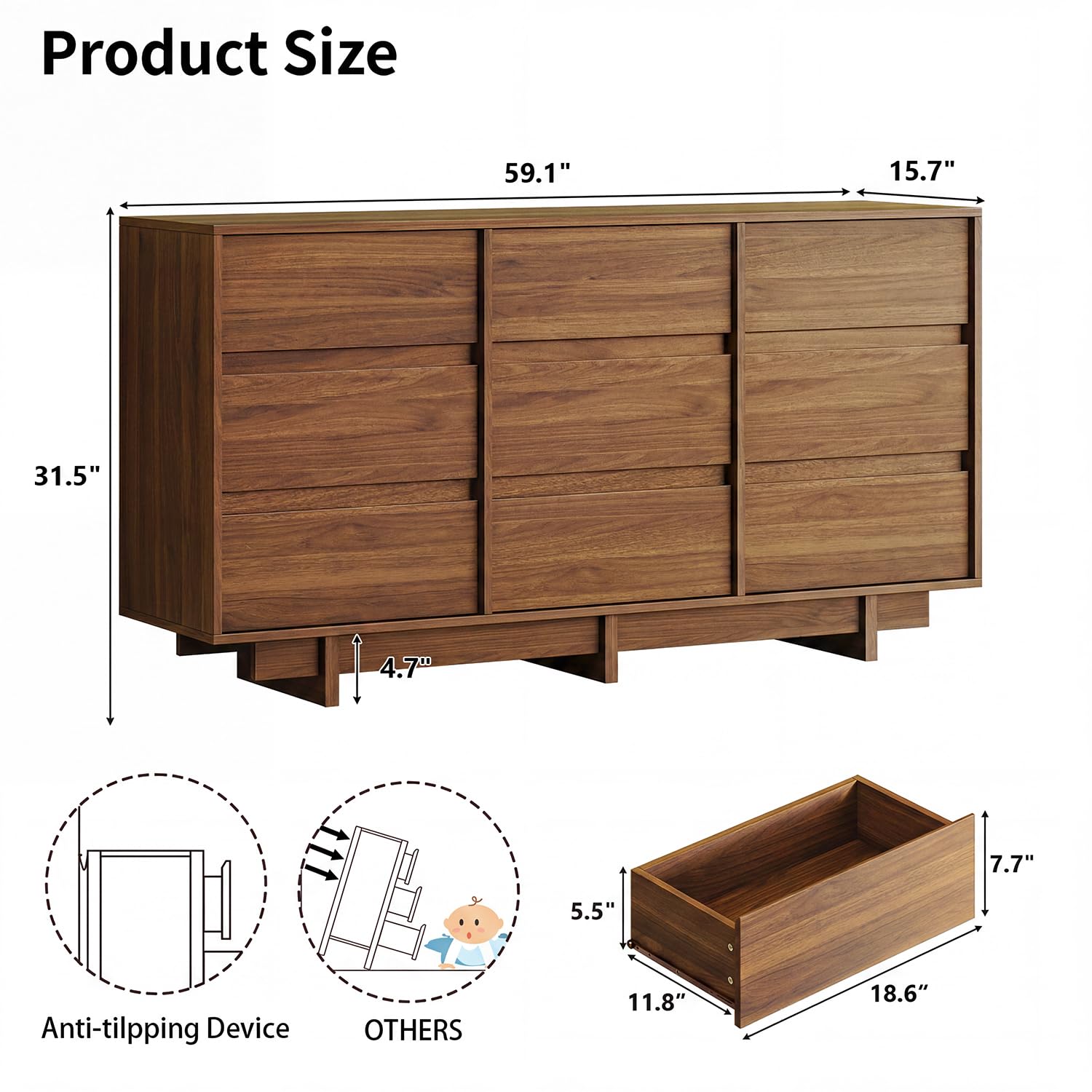 HOUROM Walnut Dresser for Bedroom with 9 Drawers,59" Wide Modern Dressers Chest of Drawers,Sturdy Base,Minimalist Linear Design,Wooden Closet Clothes Organizer for Bedroom,Hallway
