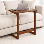 JAYULOR C-Shaped Side Table for Couch, Solid Rubberwood End Table, Walnut