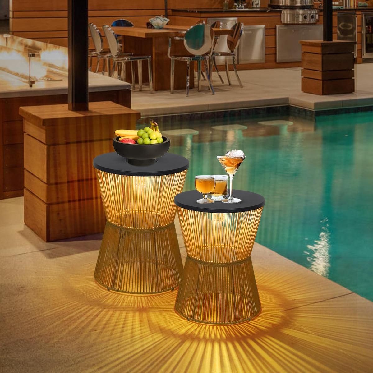 Solar Rattan Side Tables, Set of 2