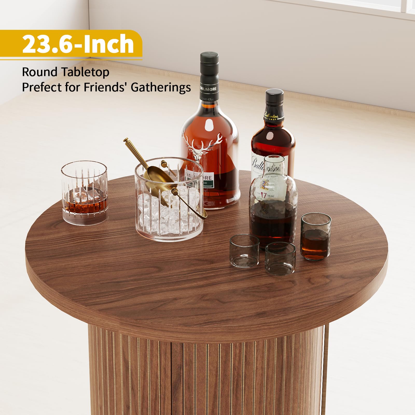 ALWXIA Round Bar Table with 3-Tier Hidden Storage Shelves Slide Door, 36.4'' High Top Bistro Table Cocktail Table for Small Bars, Dining Room, Living Room (Walnut)