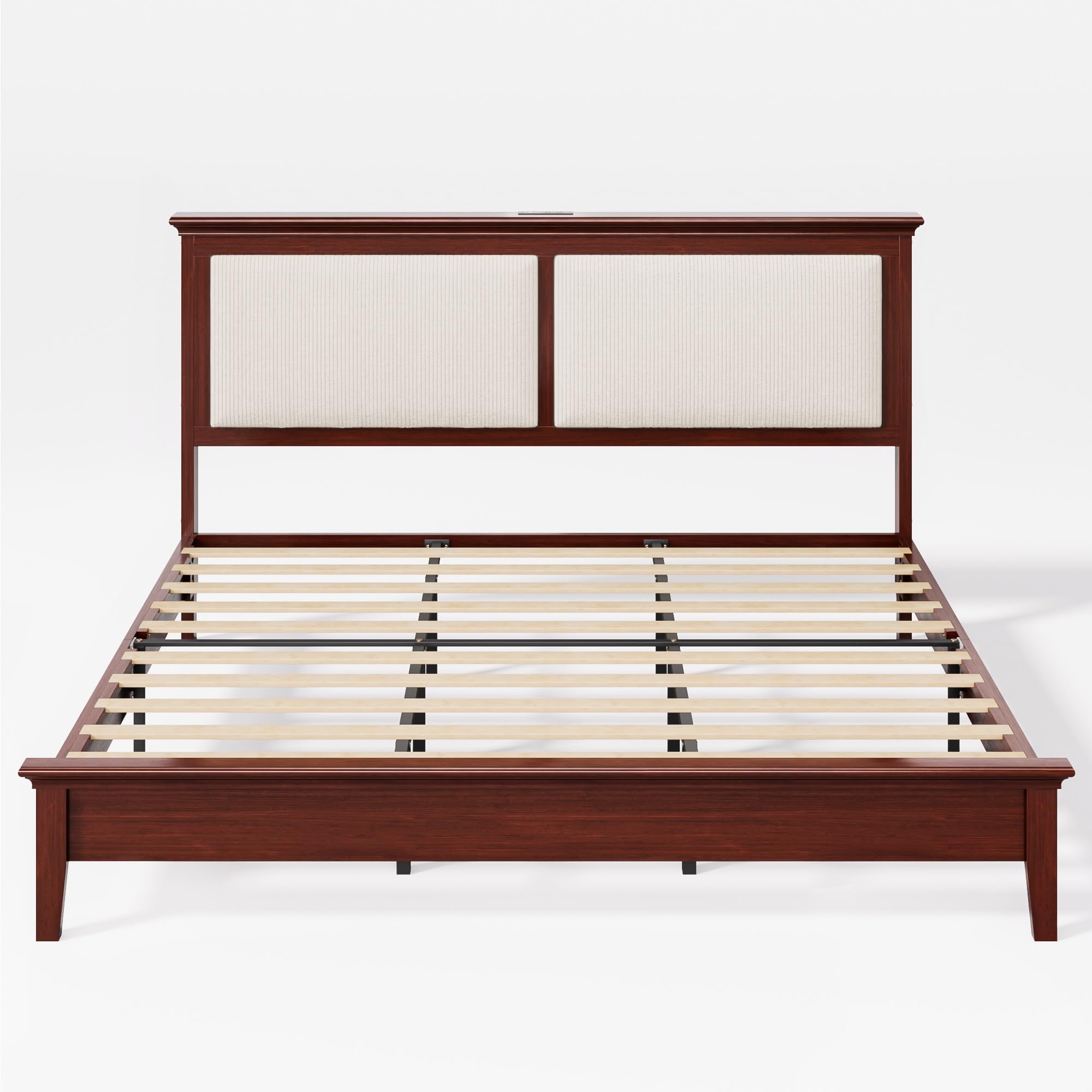 Lifezone Queen Bed Frame with Headboard, Solid Wood Bed Frame Queen Size with Charging Station & RGB LED, Wood Slats Support, Noise-Free, Sturdy Structure, Easy Assembly, Mahogany