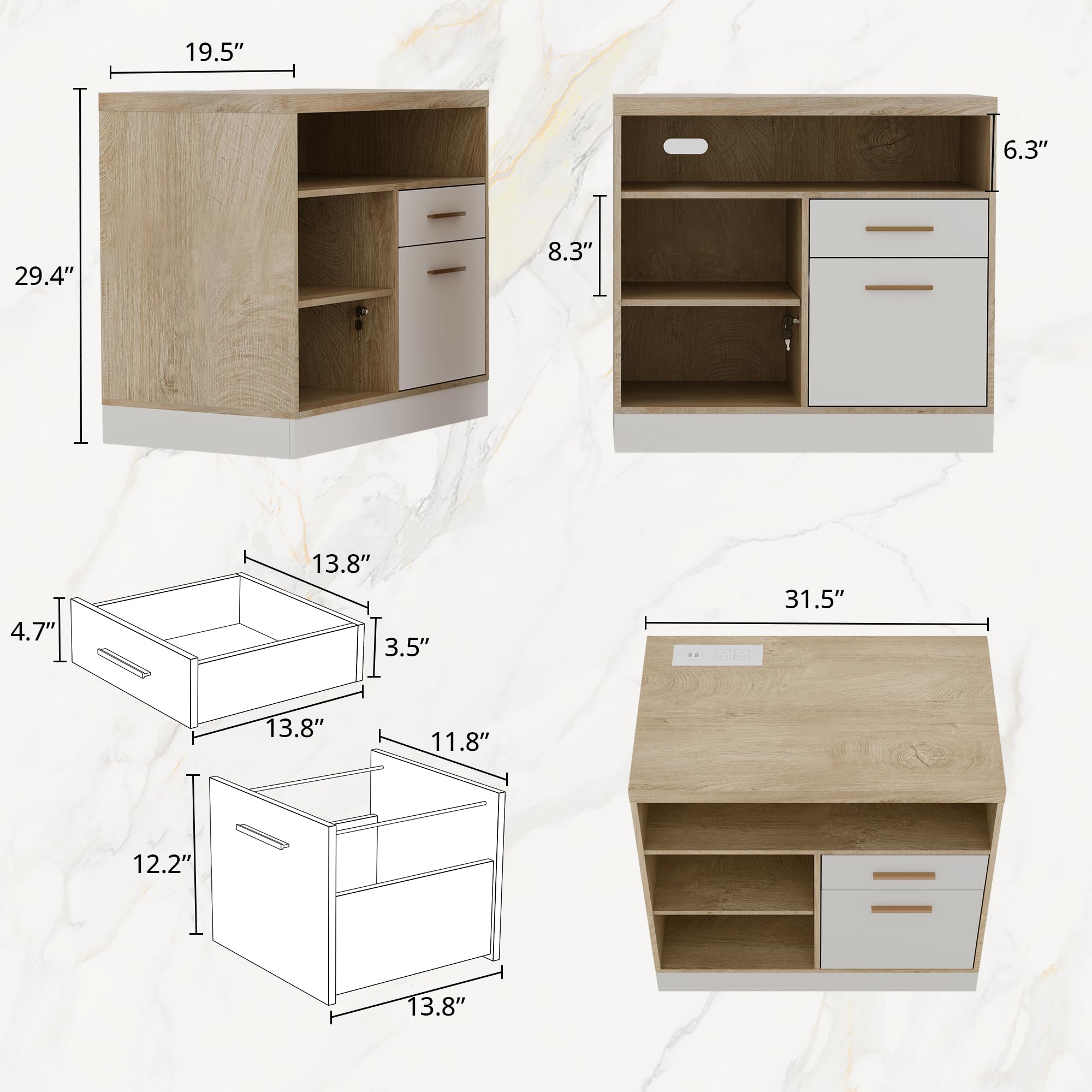 2-Drawer Wood File Cabinet with Lock & Power Outlets