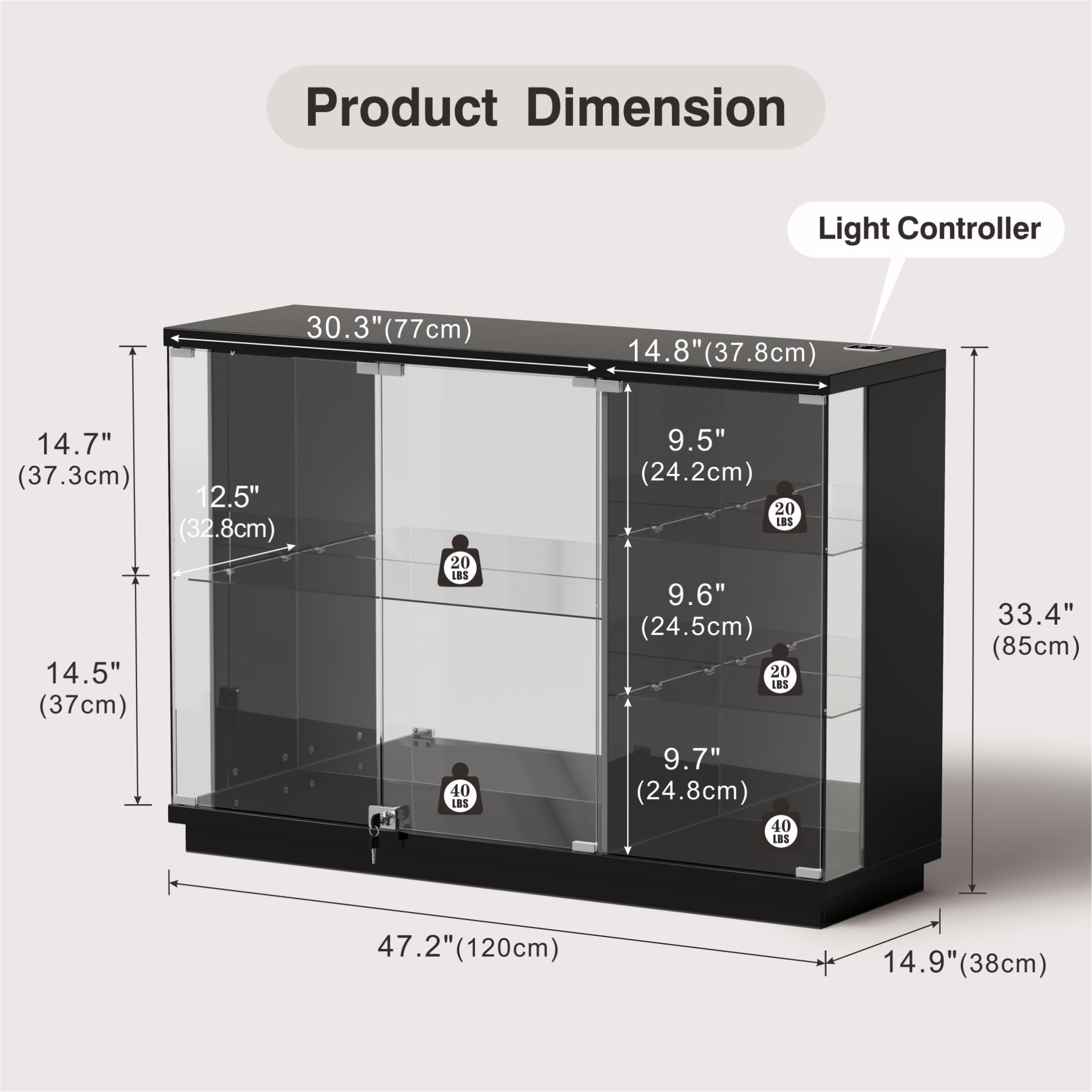 Glass Display Cabinet with LED Light & Lock