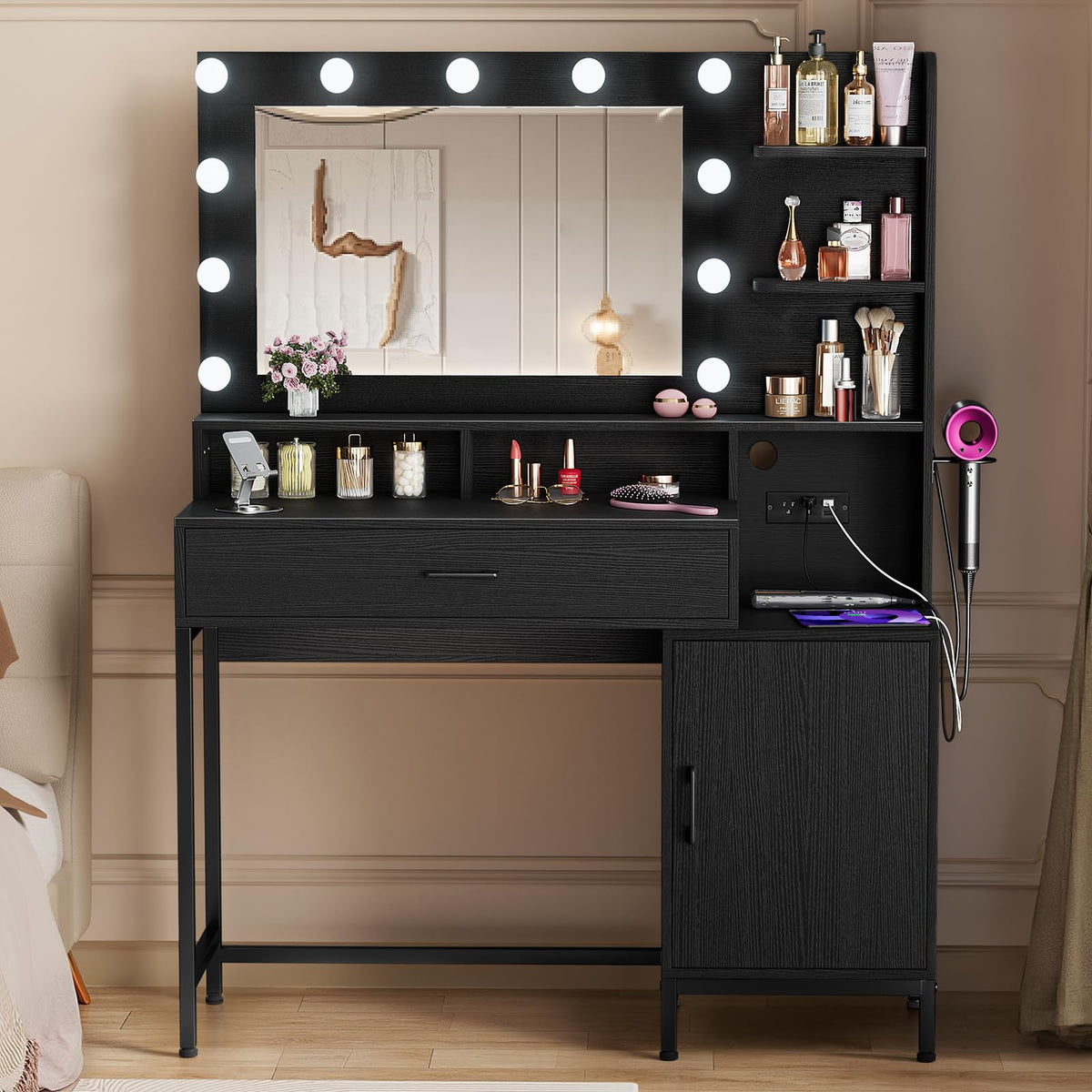 Driftalia Makeup Vanity Desk with Lighted Mirror & Power Outlets, Black