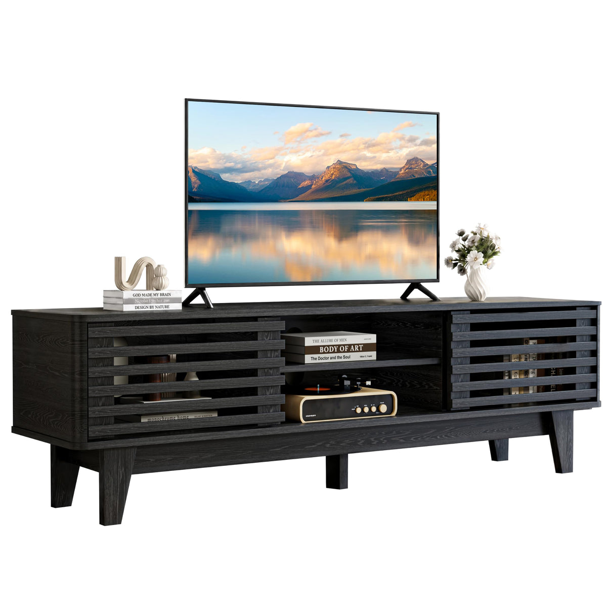 Luoxiao TV Stand with Storage, 59" Modern Black Wood Entertainment Center