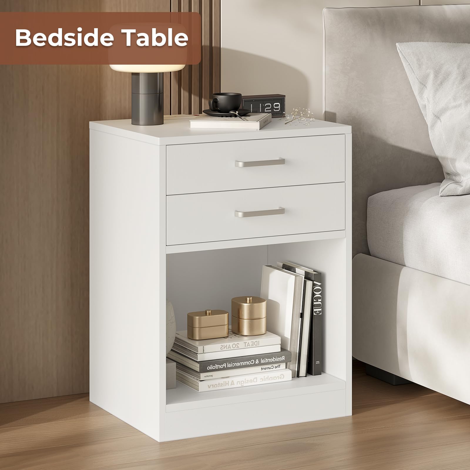 ADORNEVE Nightstands Set of 2,White Night Stand with Charging Station & Drawers,Night Stands for Bedrooms 2