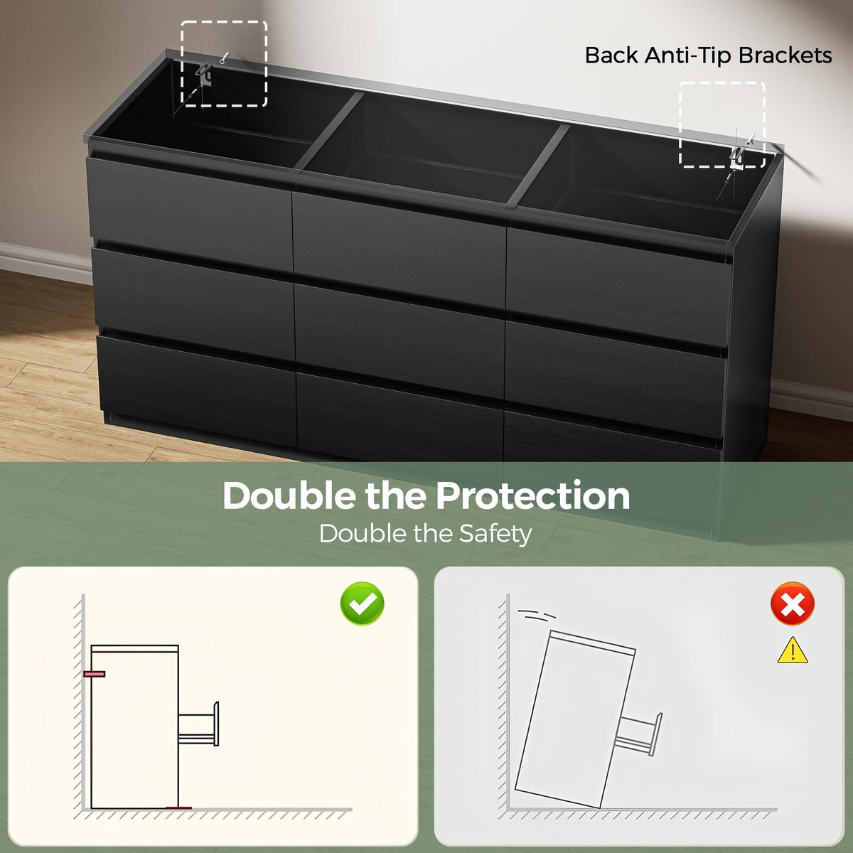 Jocoevol Modern 9 Drawer Dresser for Bedroom, Simply Chest of Drawers, Wood Storage Dresser with Deep Drawers for Living Room Hallway Entryway (Black)