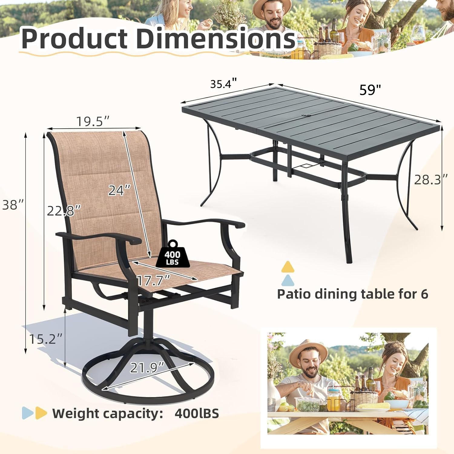 BUPPLEE Outdoor Patio Dining Set with 6 Swivel Chairs, Metal Table with Umbrella Hole, 7-Piece Patio Table and Chairs for Backyard, Poolside, Balcony and Garden (Brown)