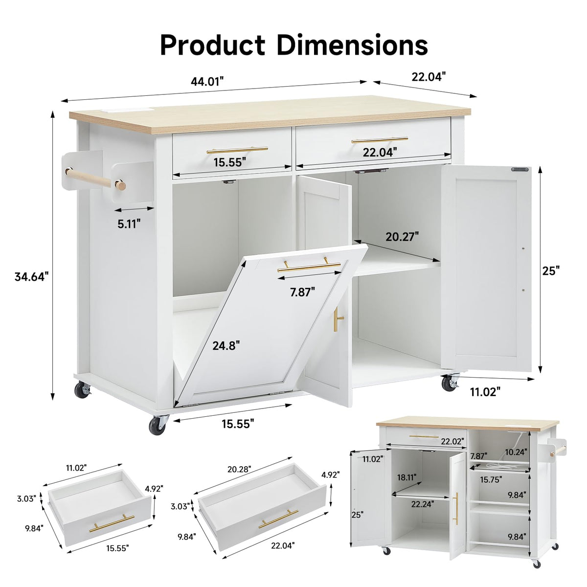 White Kitchen Island Cart with Power Outlet