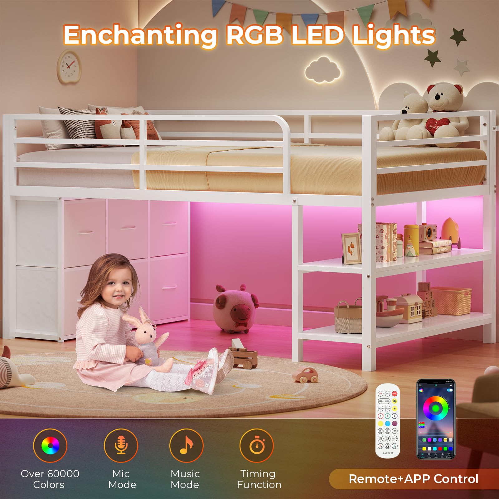 ADORNEVE Low Loft Bed with 6 Storage Drawers, Twin Loft Bed with LED Lights, Metal Loft Bed Twin Size with Open Storage Shelves, Twin Bed Frame with 15" H Safety Guard Rail for Kids, White