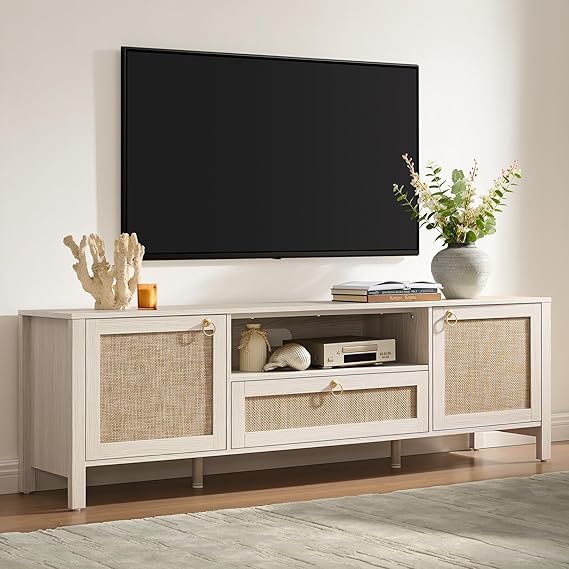 69" Rattan TV Stand with Drawer & Adjustable Shelves