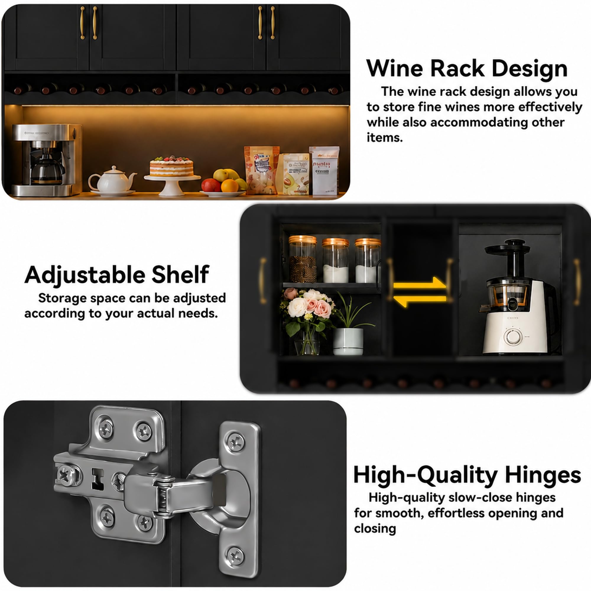 AXCIGOC 72" Tall Kitchen Pantry Cabinet with Charging Station 55" Wide Kitchen Hutch Cabinet with LED Light and Countertop Large Kitchen Cabinet with Adjustable Shelves and Wine Rack Black