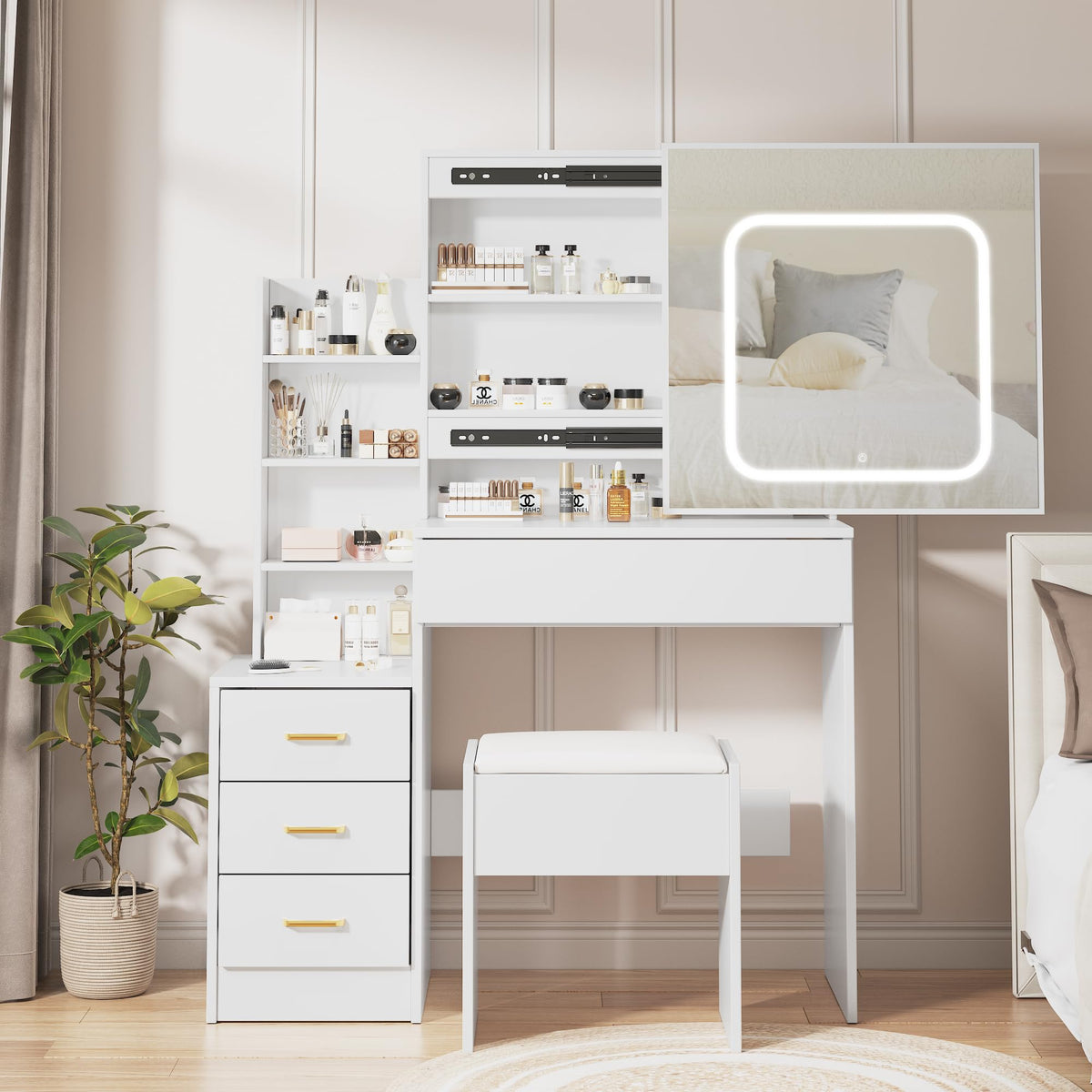 LED Sliding Mirror Vanity with Stool