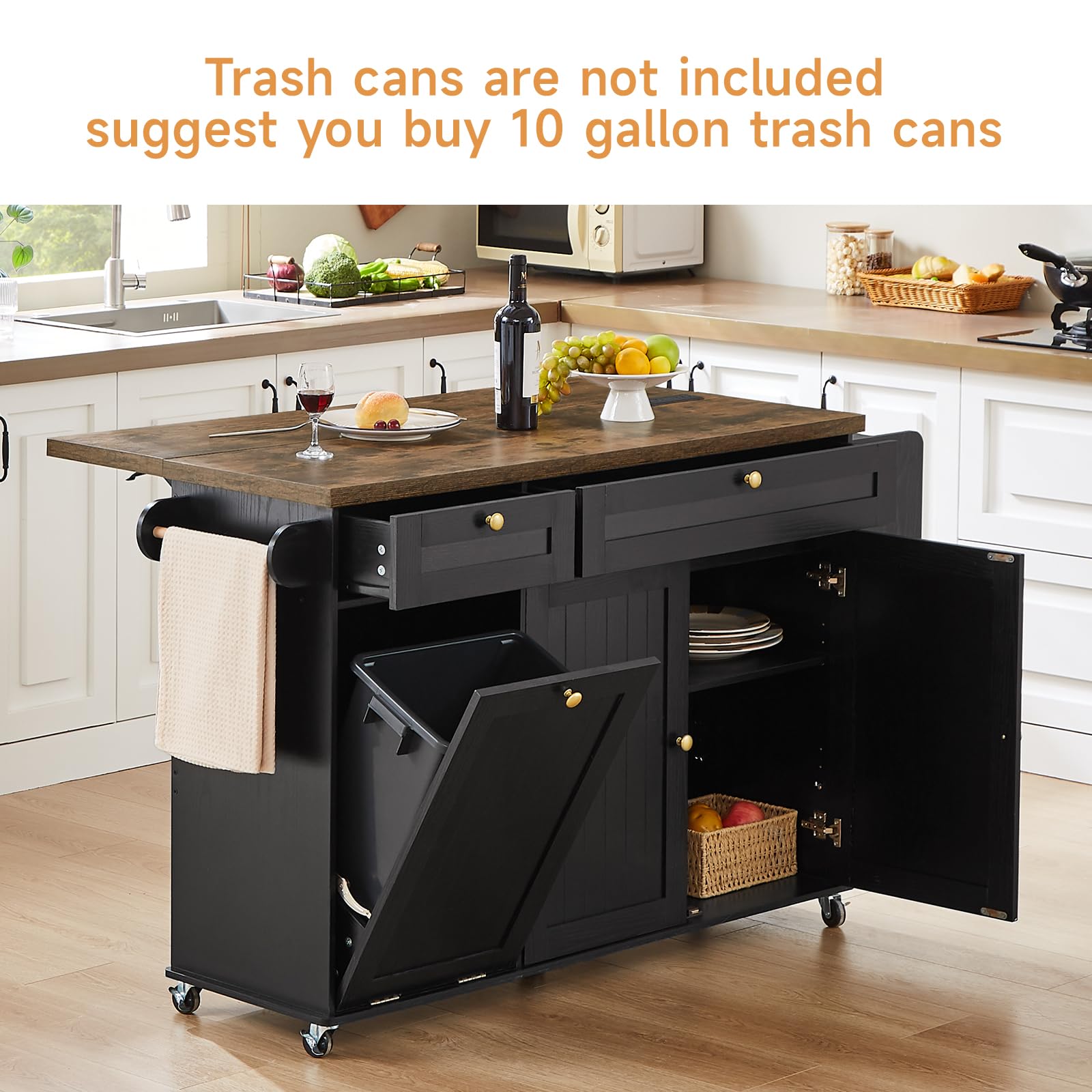 Kitchen Island Cart with Power Outlet & Drop Leaf