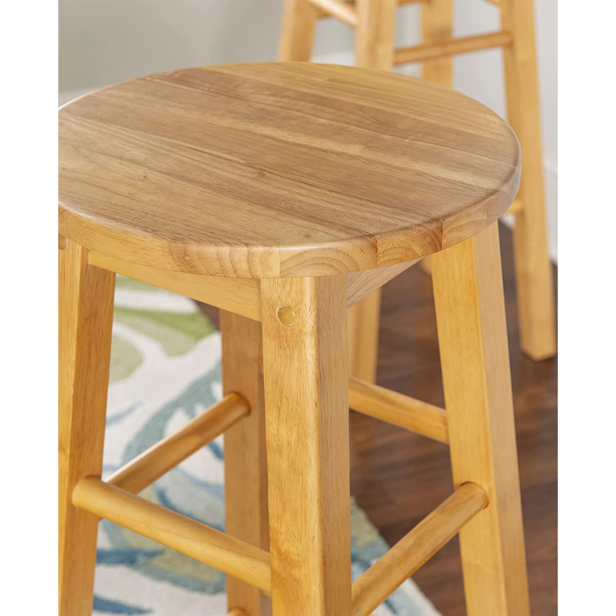 PJ Wood 29 Inch Tall Classic Round Seat Kitchen Counter Bar Stools 2 Pack with 4 Square Legs for Homes, Dining Spaces, and Bars, Natural