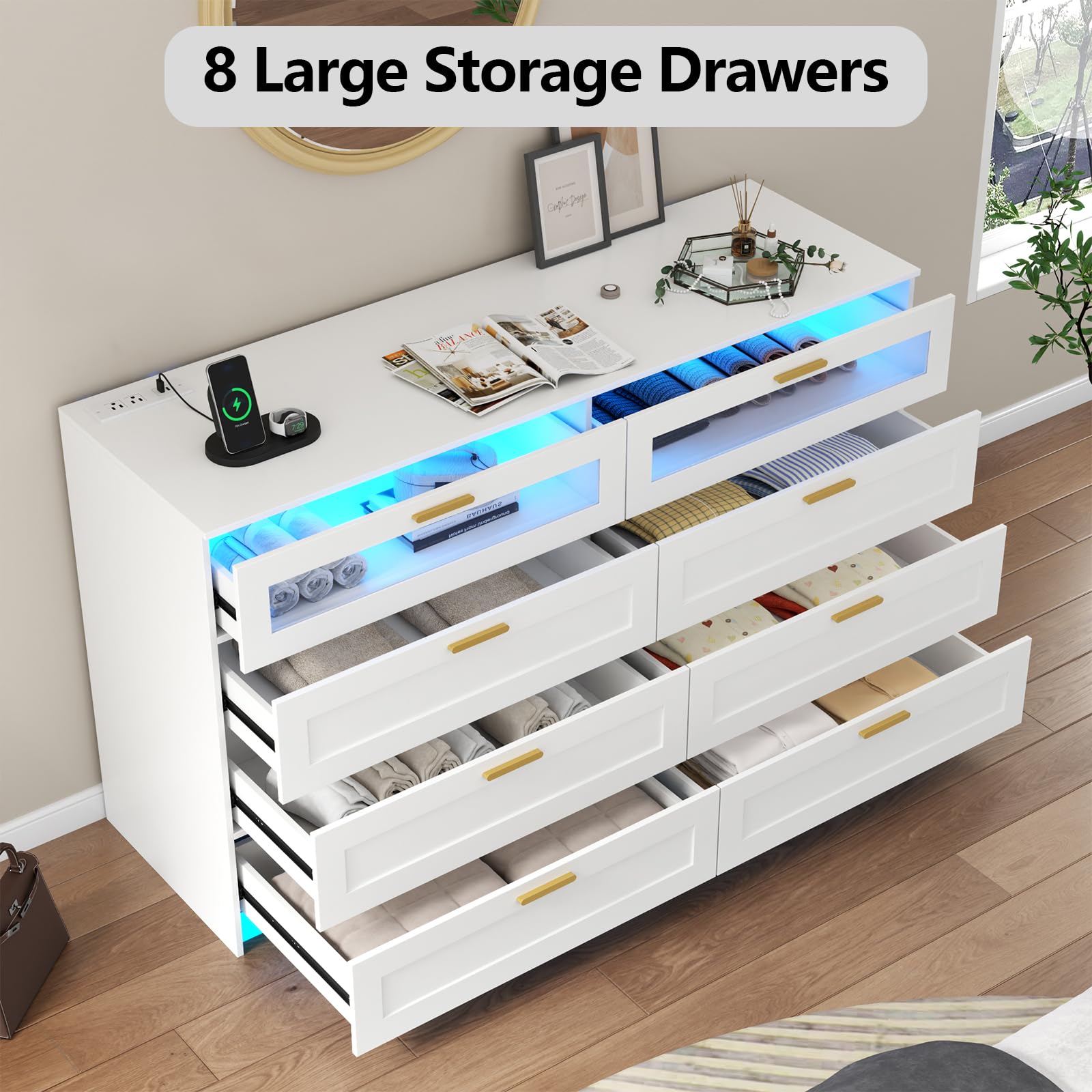 8-Drawer Dresser with LED Lights & Charging Station
