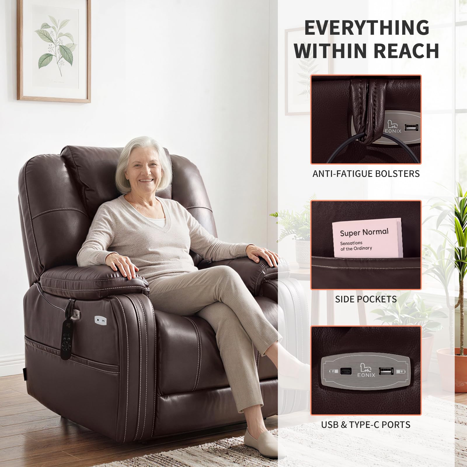 EONIX Triple Motor Lay Flat Power Lift Recliner Chair for Elderly with Adjustable Headrest, 400lbs Electirc Lift Chair for Living Room, Lumbar Pillow, Extended Footrest, Dark Brown