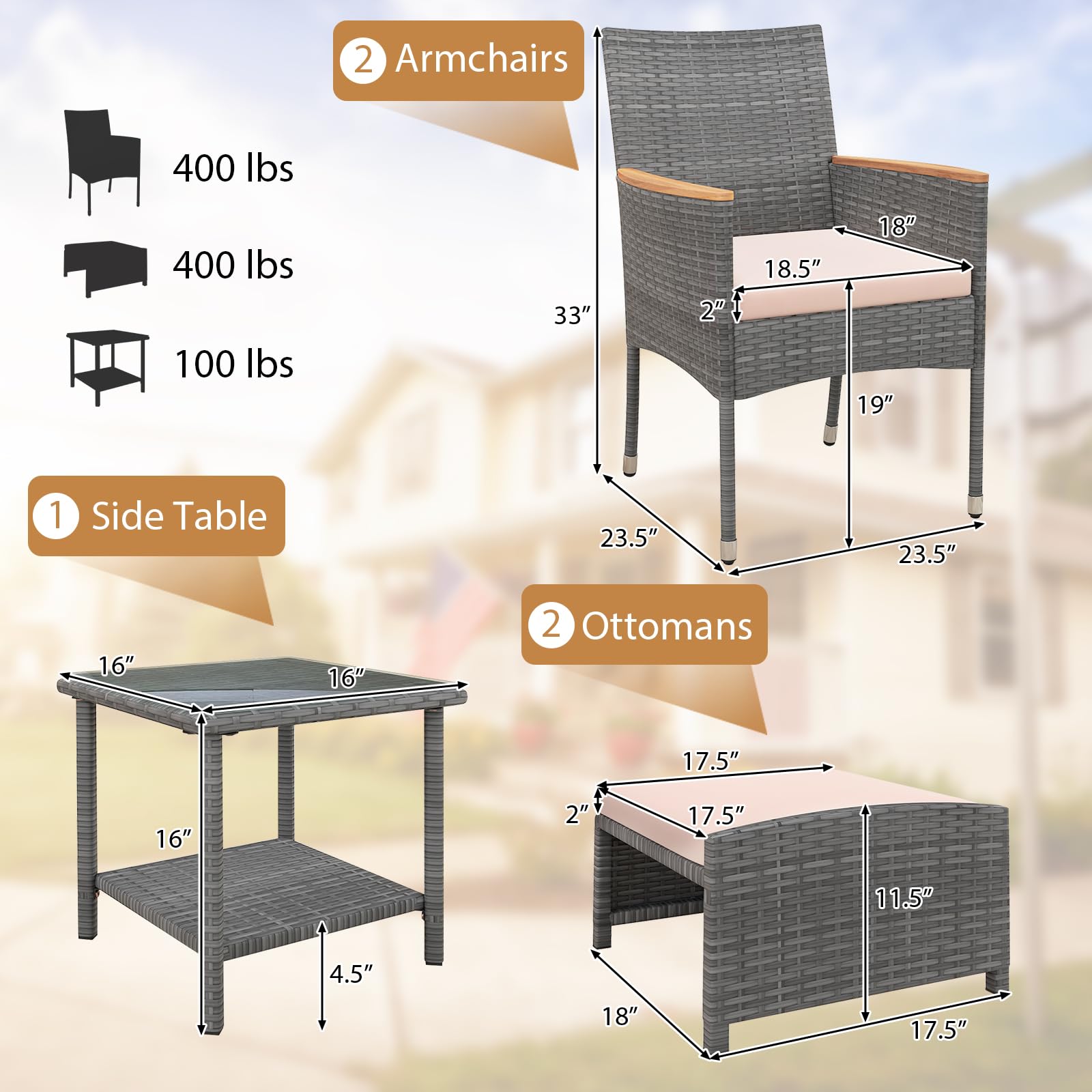 5-Piece Wicker Patio Conversation Set with Ottomans & Coffee Table