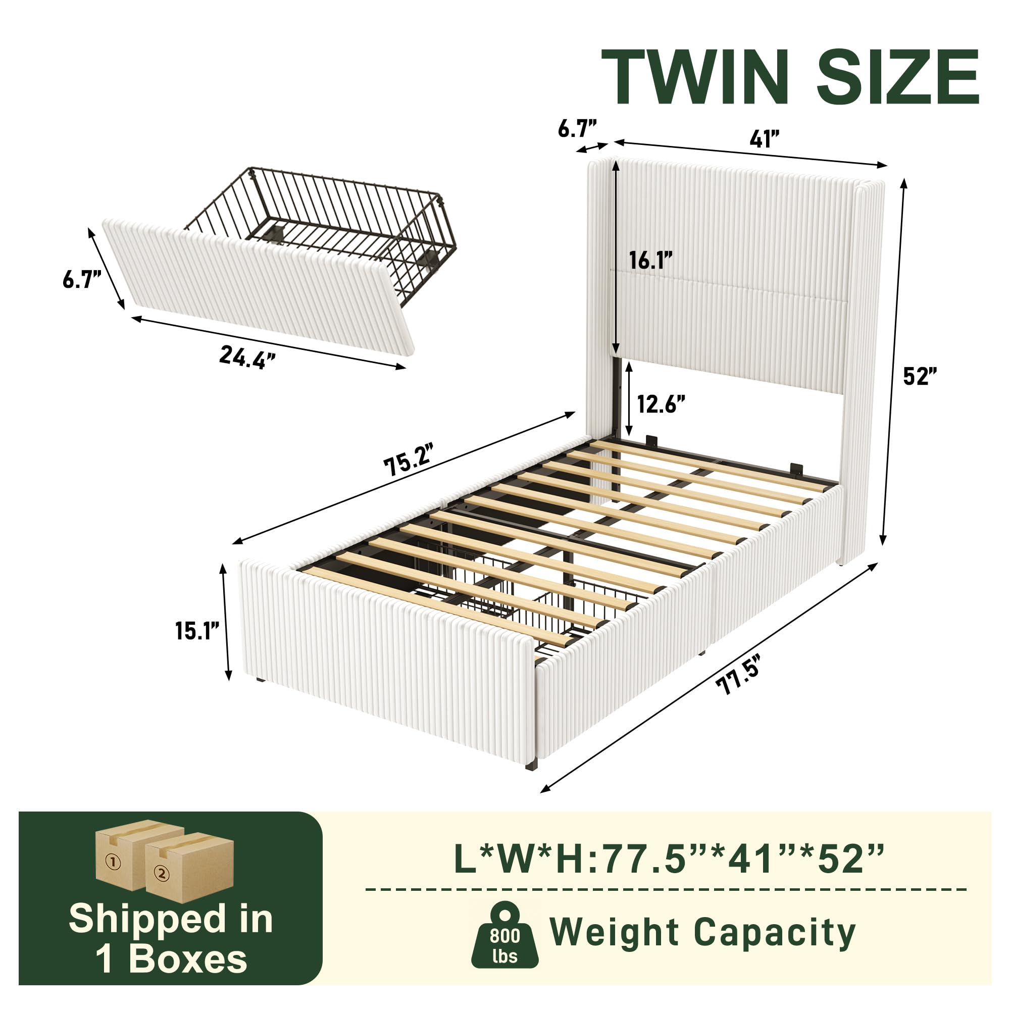 Hlivelood Twin Size Bed Frame with 52” Tall Corduroy Wingback Headboard, Upholstered Platform Bed with 2 Storage Drawers & LED Lights, Vertical Stripes, No Box Spring Needed, Noise-Free, Cream