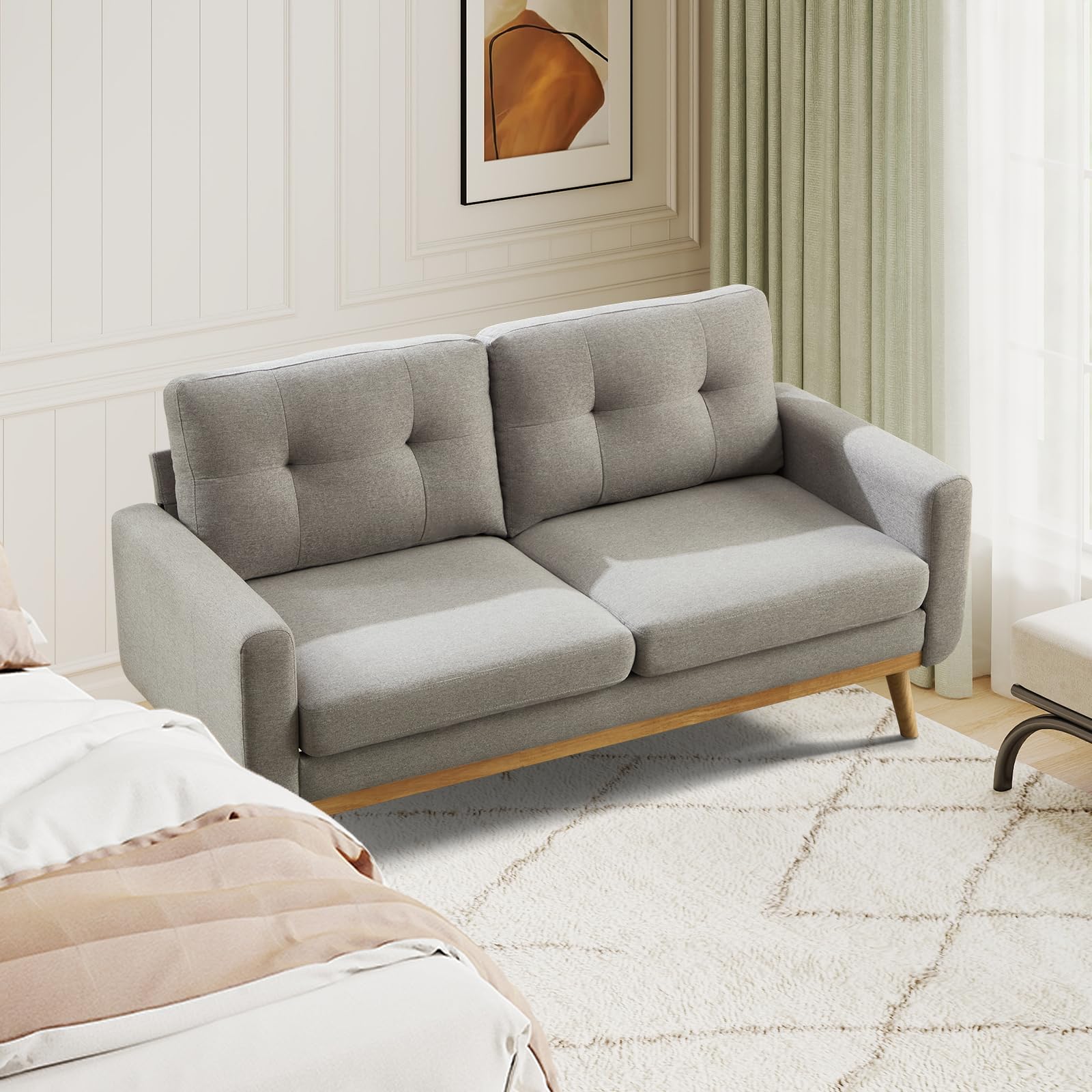 Bonzy Home 65.4" Loveseat Sofa, Small Couches for Small Spaces with 2-Seat Upholstered Cushion, Mid Century Modern Sofa for Bedroom, Living Room, Apartment, Office, Gray