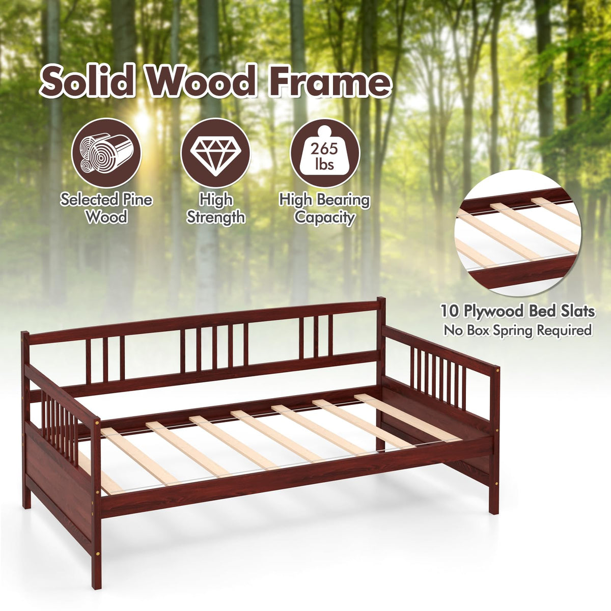 MAT EXPERT Twin Daybed, Pine Wood Daybed with 3-Side Rails & 10 Support Slats, Under Bed Storage Space, 2-in-1 Sofa Bed Frame for Living Room, Bedroom, Deck, Guest Room (Espresso)