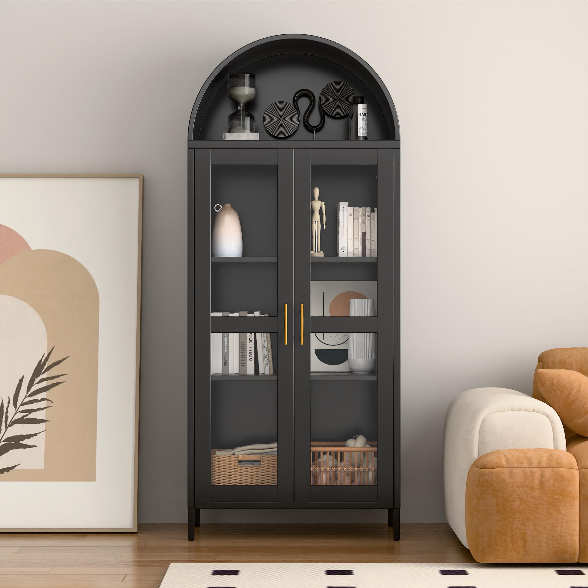 JAORD 73" Black Metal Arched Display Cabinet with Motion Sensor LED Lights, Glass Doors, 2 Adjustable Shelves, Heavy Duty Curio Bookcase for Living Room, Home Office, Assembly Required