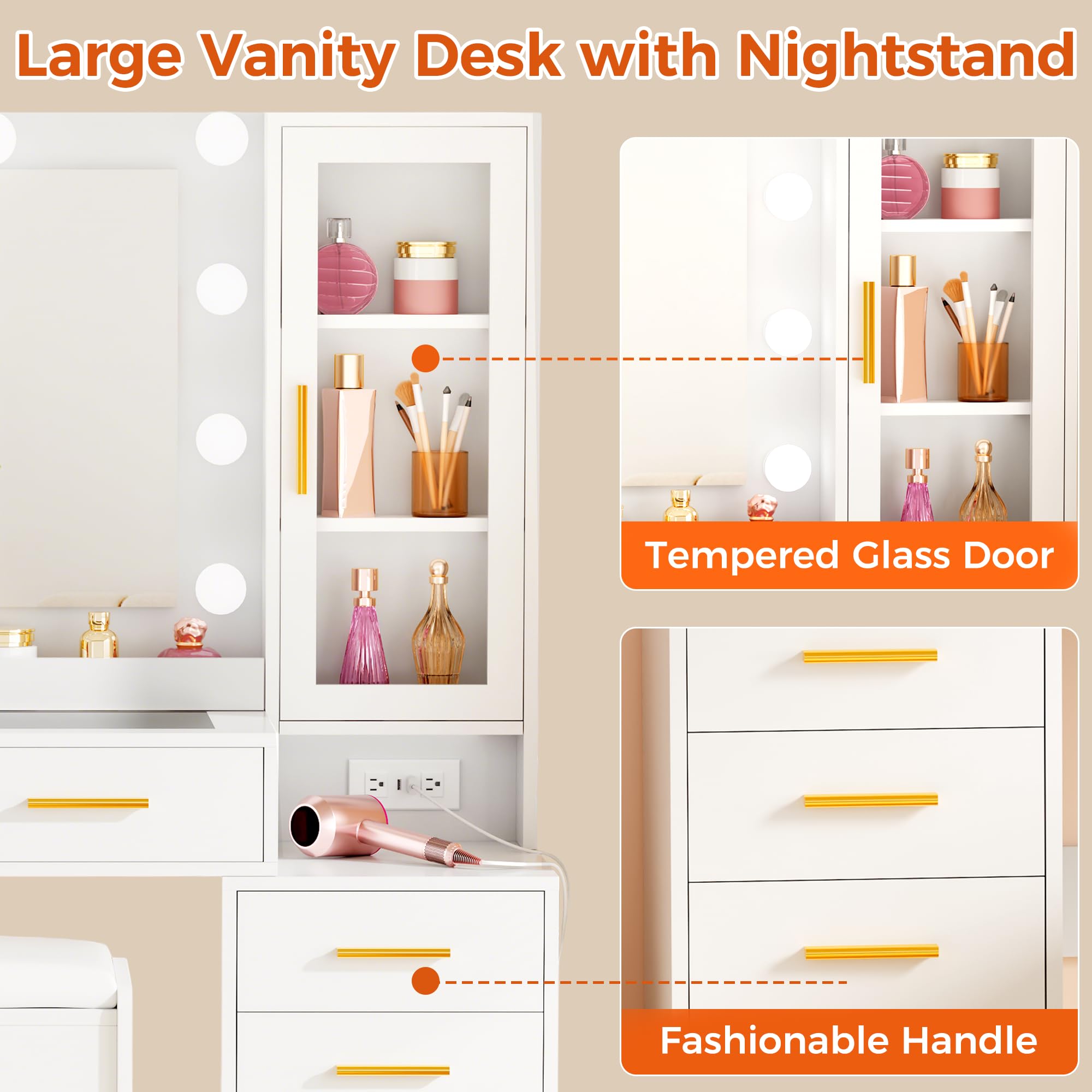 YUNSCEND 53.15" Large Vanity Desk with Mirror and Lights,White Makeup Vanity with Glass Top Power Outlet Vanity Table with 11 Drawers 6 Shelves Dressing Table Stool Set for Bedroom Women UXFST008W