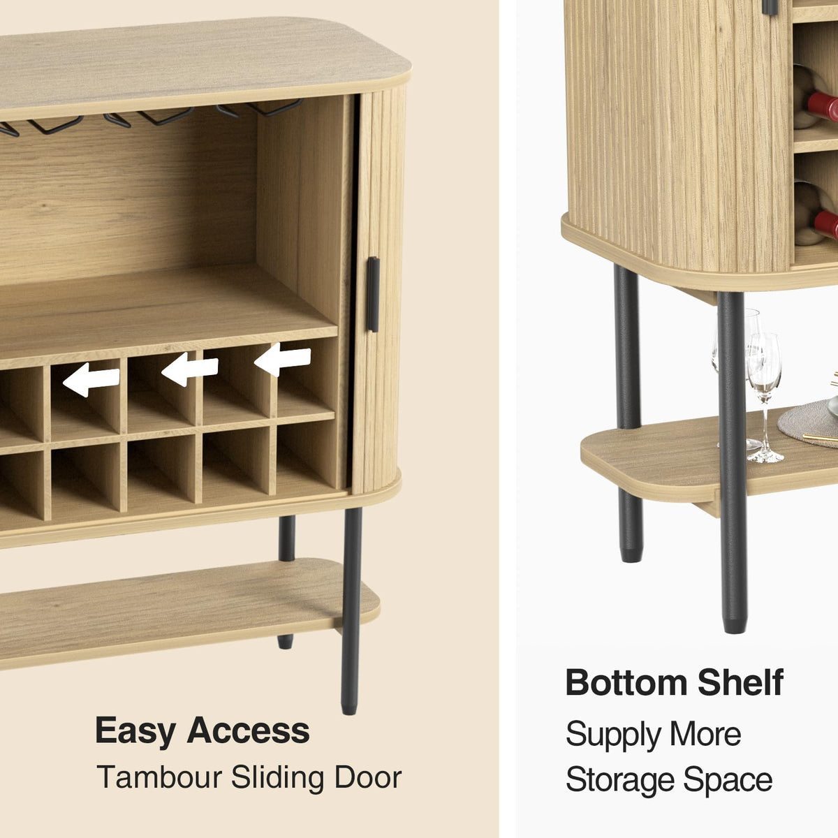 Coffee Bar Cabinet with Storage, Fluted Wine Cabinet with Sliding Doors