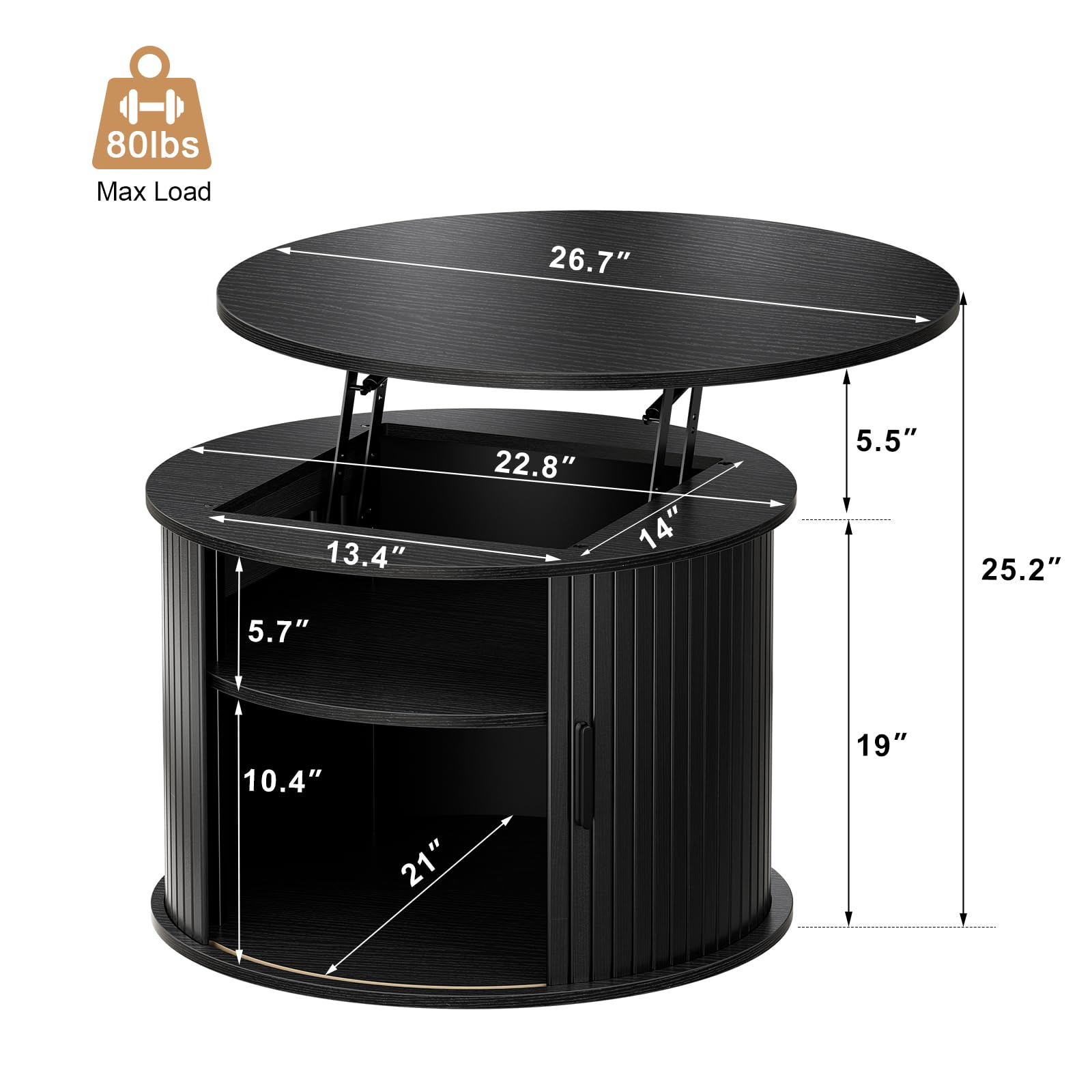 FABATO Round Lift Top Coffee Table, Fluted Wood Accent Coffee Table with Hidden Storage and Open Shelves, Drum Table with Sliding Rolling Door, Small Center Table Dining Table for Living Room, Black